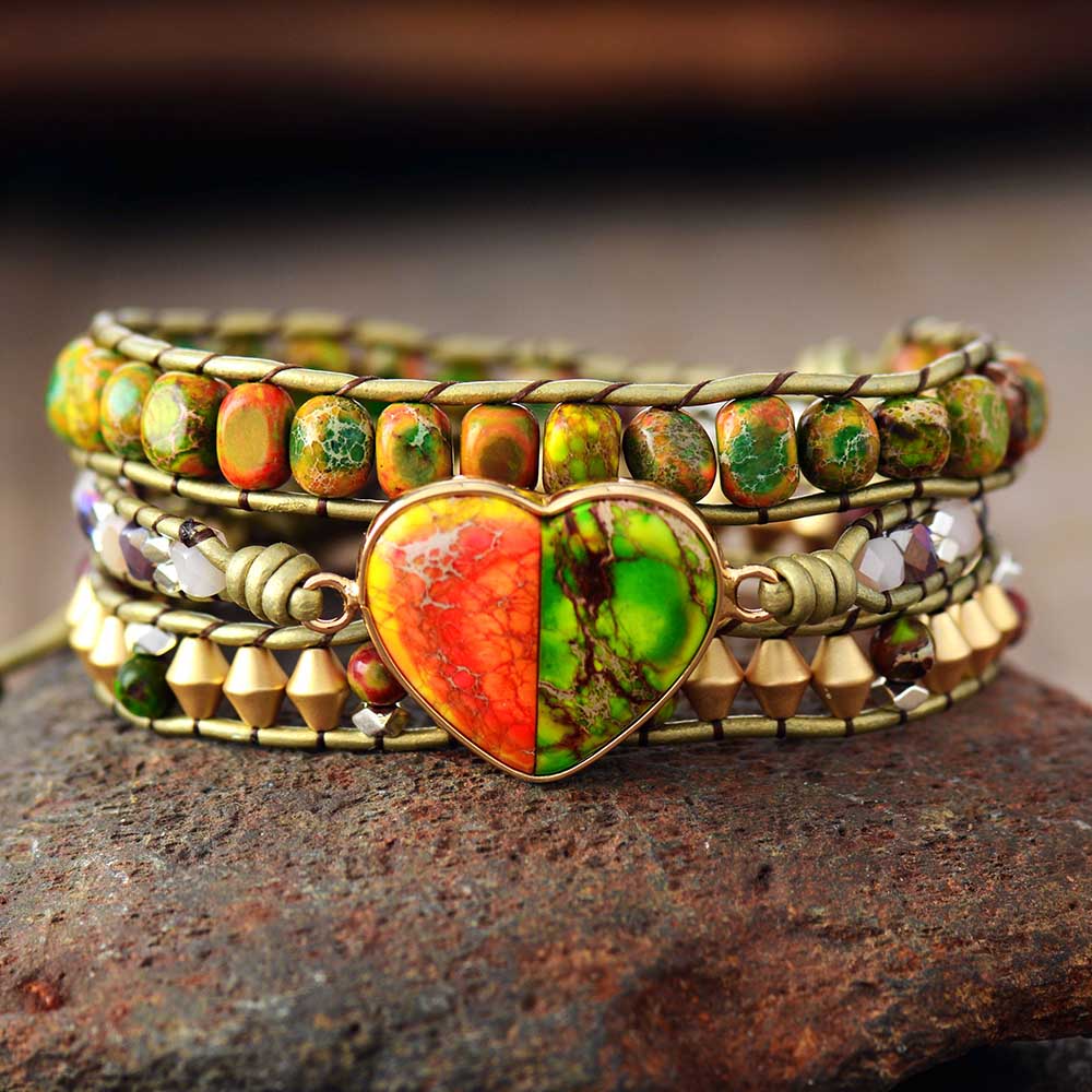 Boho Jasper Rhinestone Heart Wrap Bracelet
