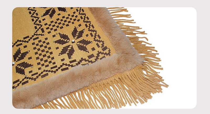 Bohemian Fringe Knit Poncho with Fur Collar