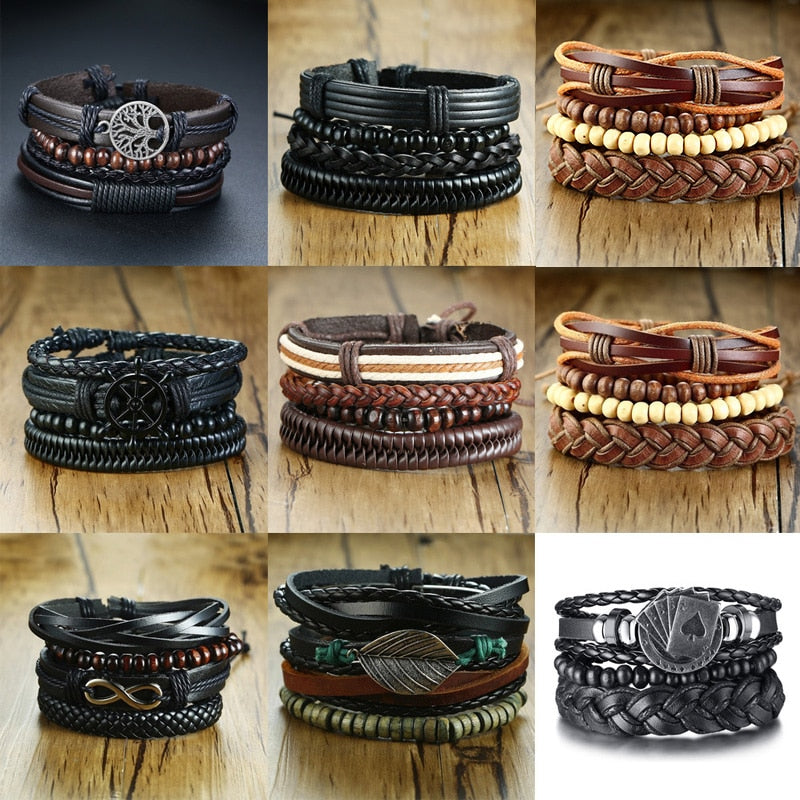 4Pcs/ Set Braided Wrap Leather Bracelets
