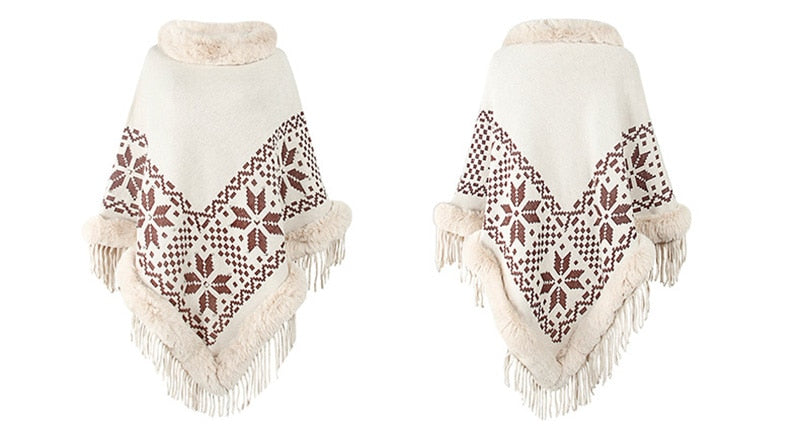 Bohemian Fringe Knit Poncho with Fur Collar