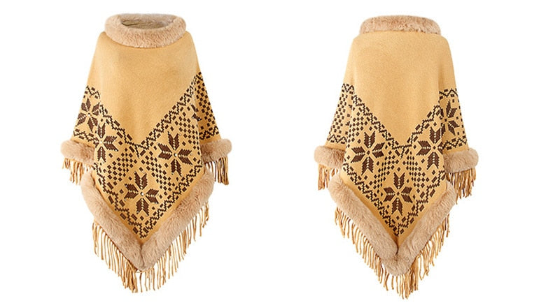 Bohemian Fringe Knit Poncho with Fur Collar