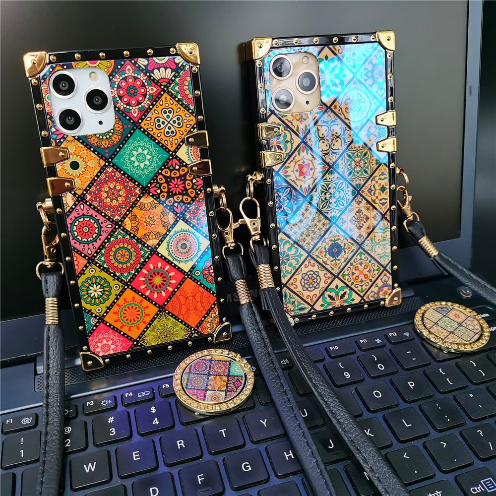 Boho Floral Patchwork Square Iphone case with Ring & Strap