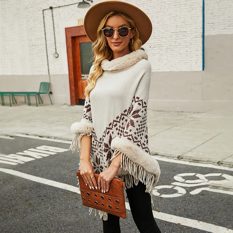 Bohemian Fringe Knit Poncho with Fur Collar