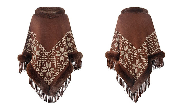 Bohemian Fringe Knit Poncho with Fur Collar
