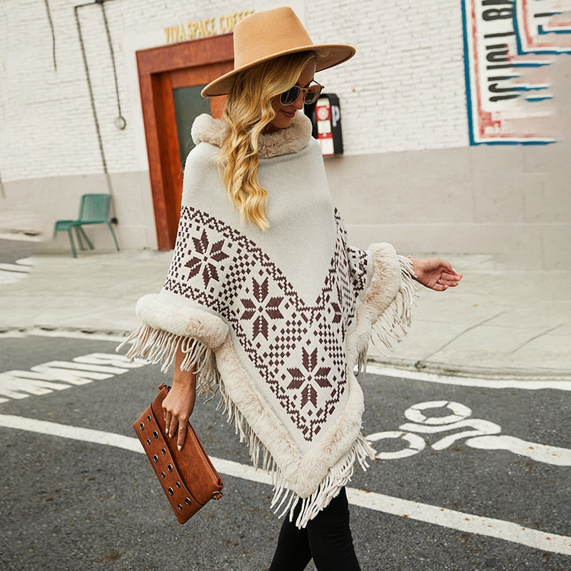 Bohemian Fringe Knit Poncho with Fur Collar