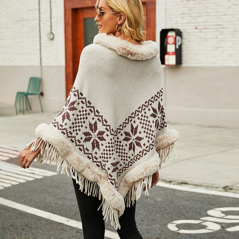 Bohemian Fringe Knit Poncho with Fur Collar