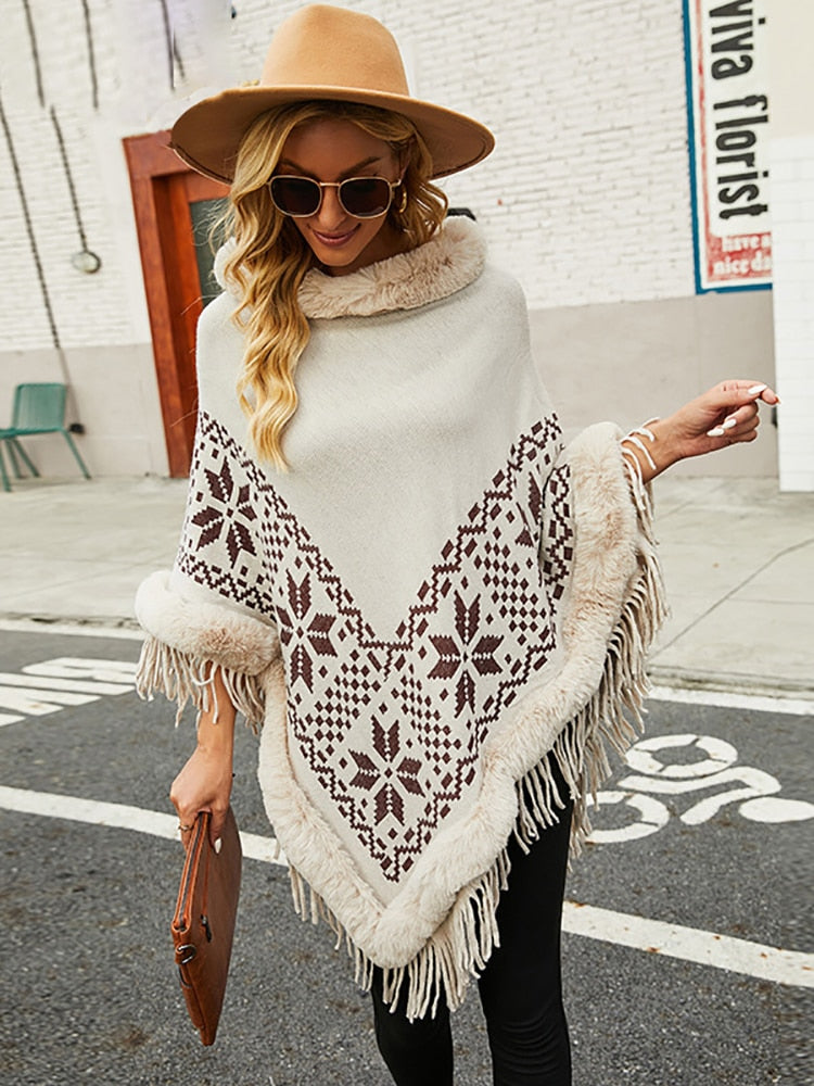 Bohemian Fringe Knit Poncho with Fur Collar