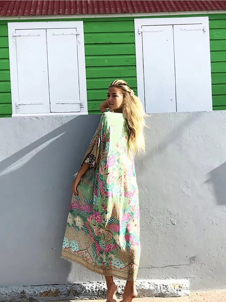 Floral Peacock Chiffon Beach Cover Up