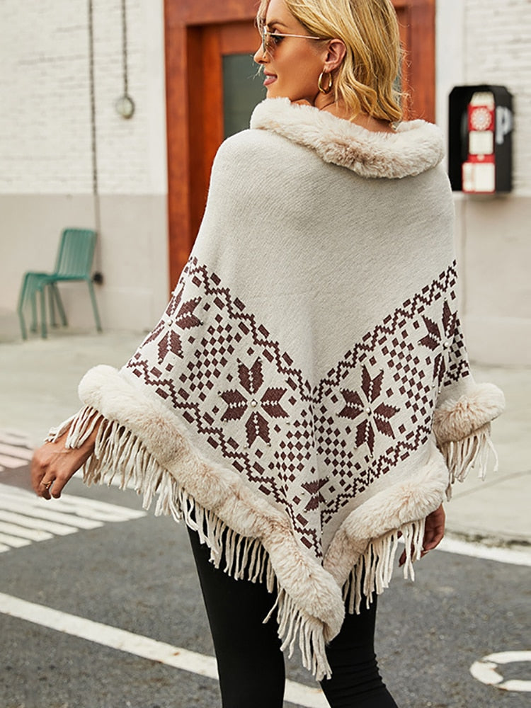 Bohemian Fringe Knit Poncho with Fur Collar