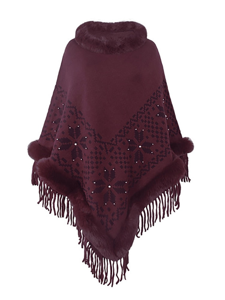 Bohemian Fringe Knit Poncho with Fur Collar