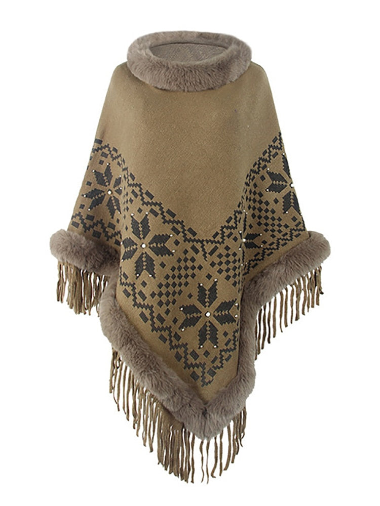 Bohemian Fringe Knit Poncho with Fur Collar