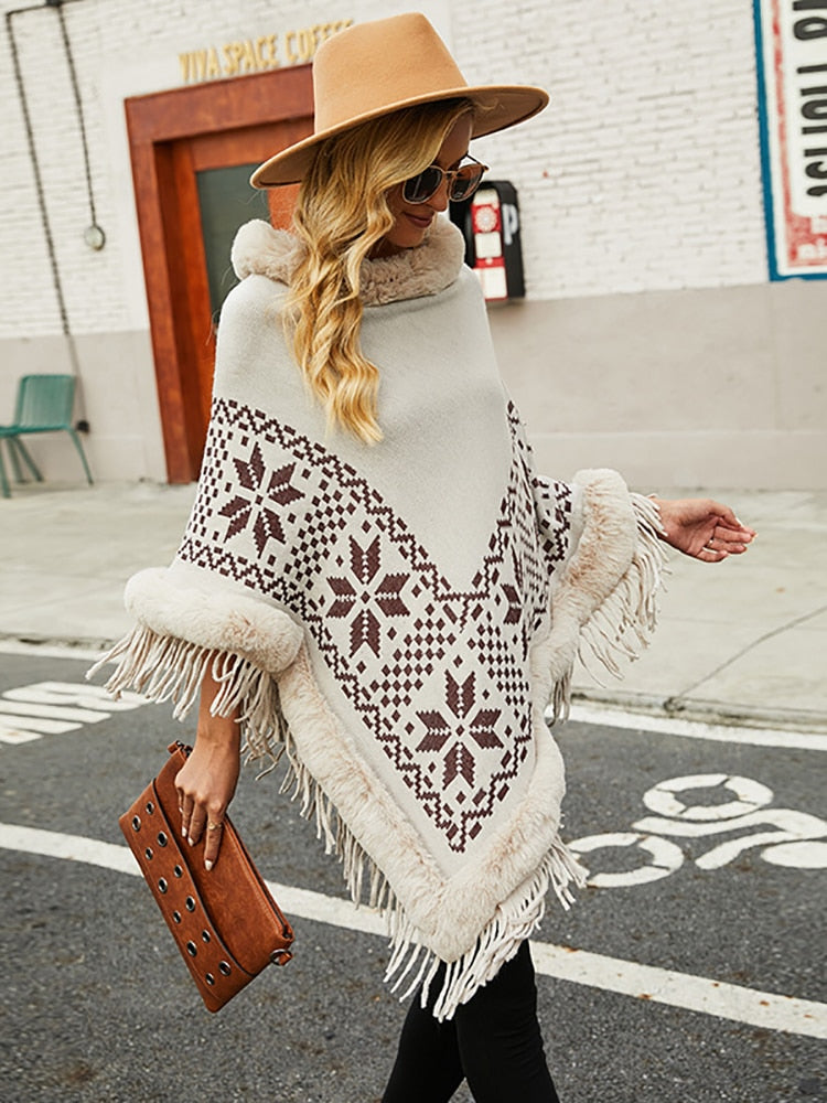 Bohemian Fringe Knit Poncho with Fur Collar
