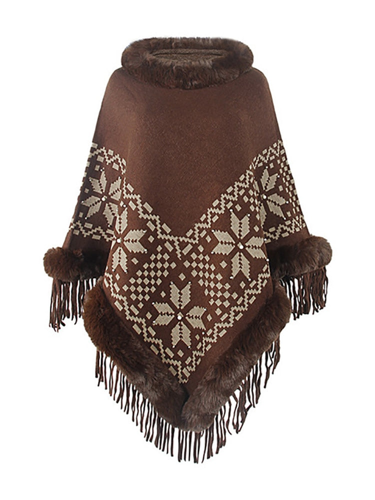 Bohemian Fringe Knit Poncho with Fur Collar