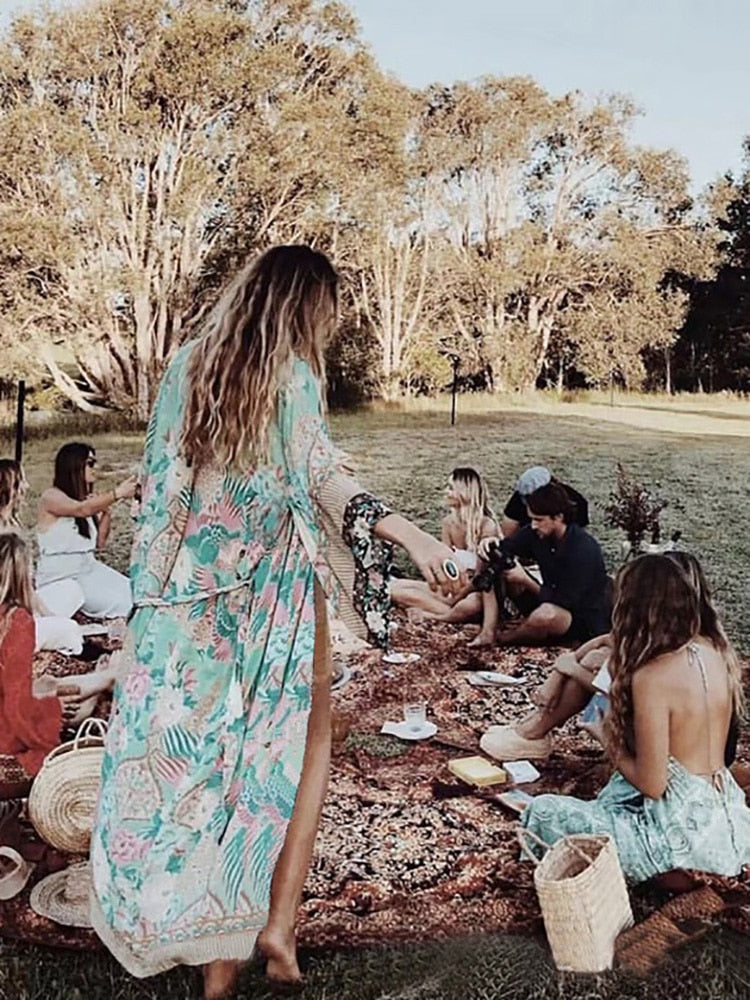 Floral Peacock Chiffon Beach Cover Up