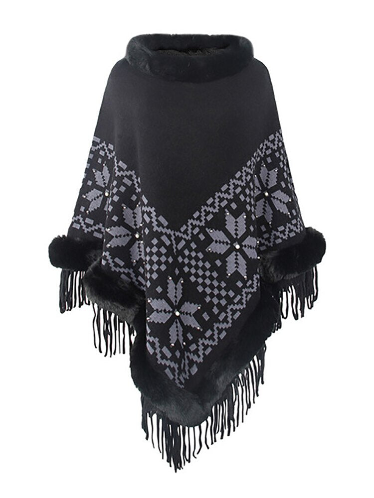 Bohemian Fringe Knit Poncho with Fur Collar