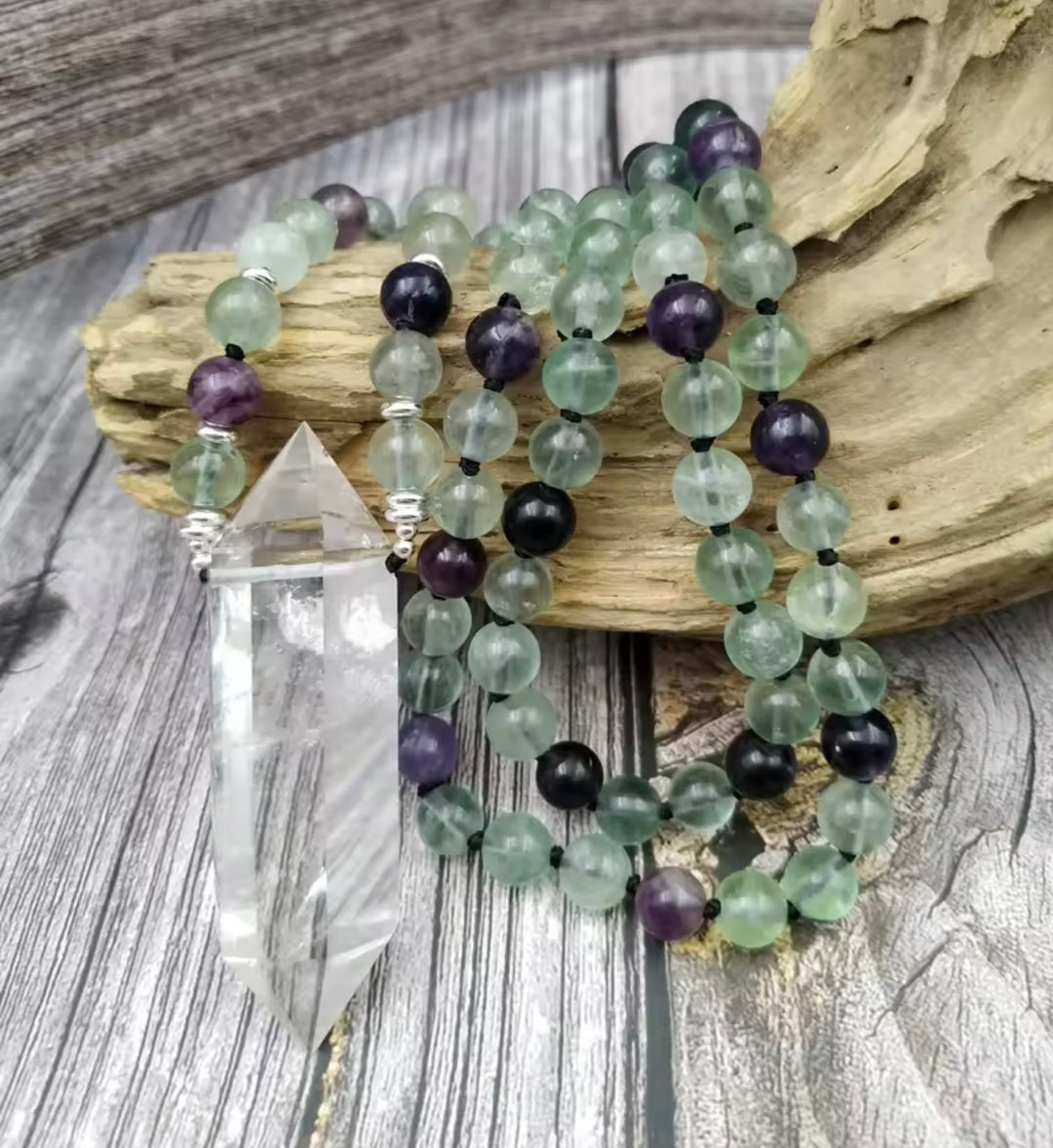 Harmony & Clarity Fluorite & Clear Quartz Mala Necklace TELW