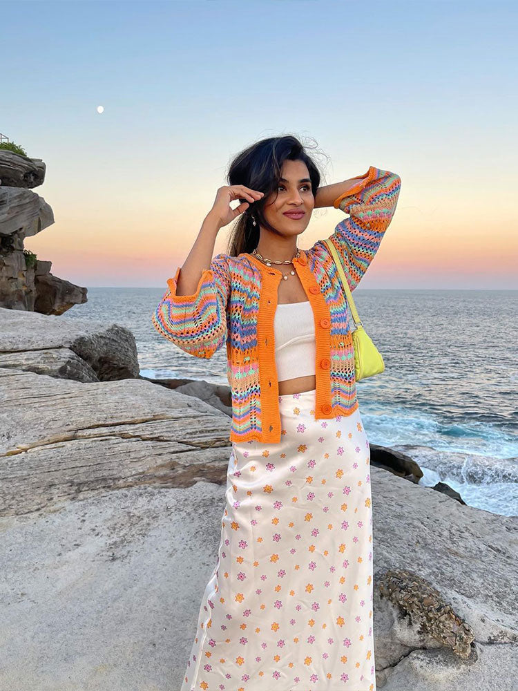 Rainbow Striped Loose Knitted Cardigan.