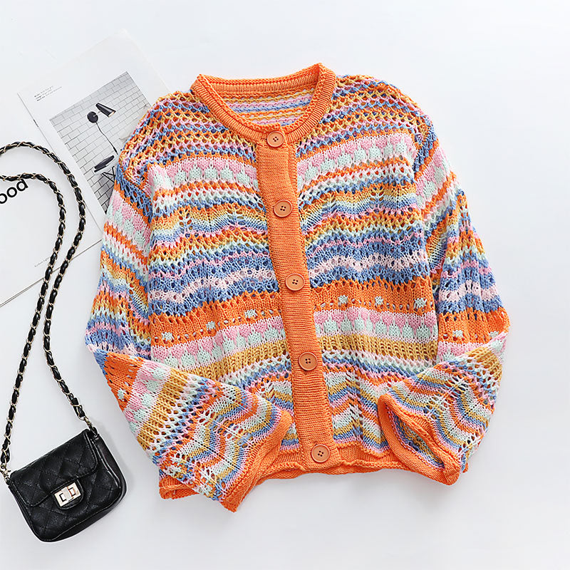 Rainbow Striped Loose Knitted Cardigan.