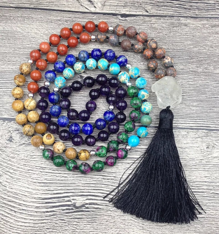 Chakra Harmony Gemstone Mala Necklace with Clear Quartz & Tassell