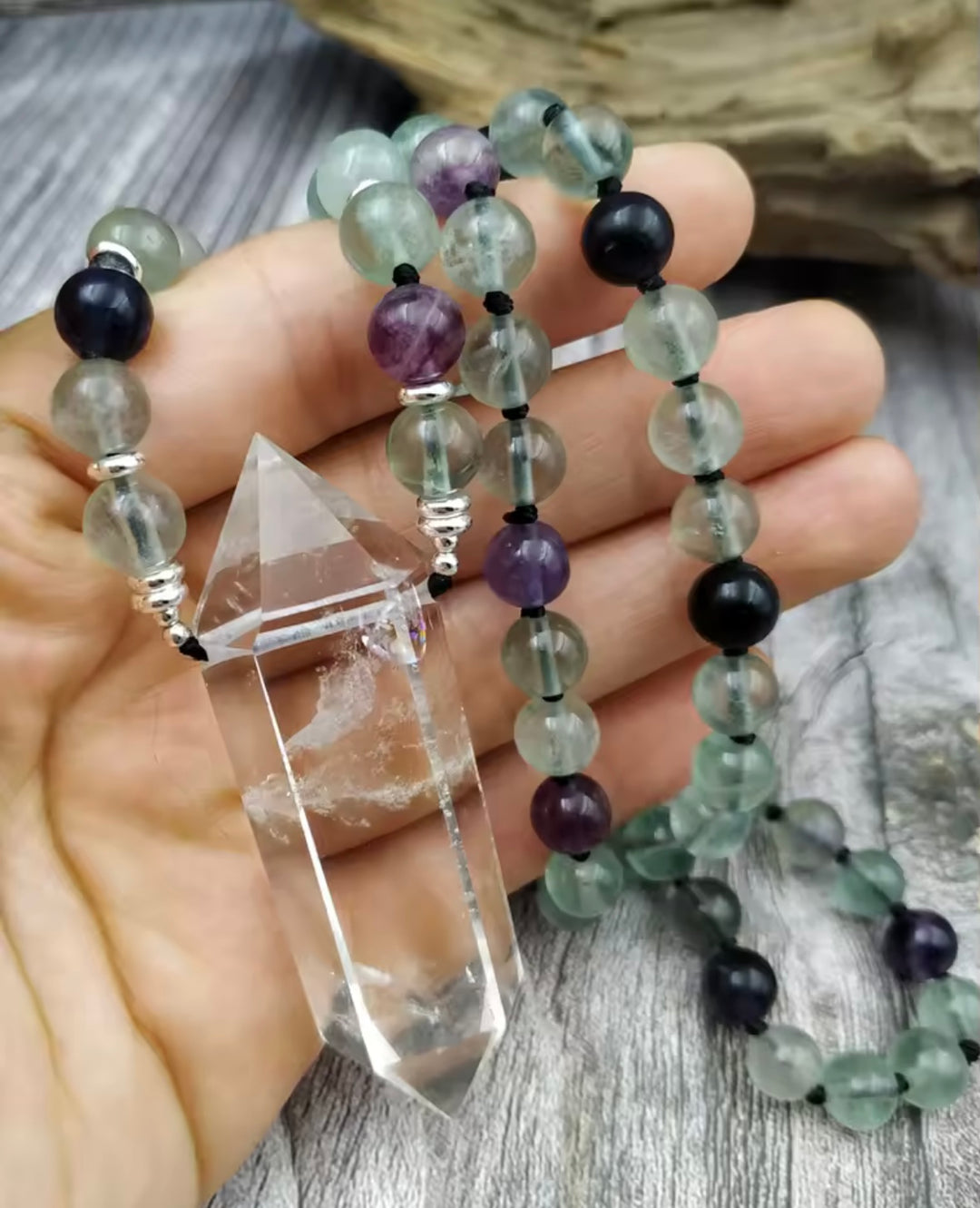 Harmony & Clarity Fluorite & Clear Quartz Mala Necklace TELW