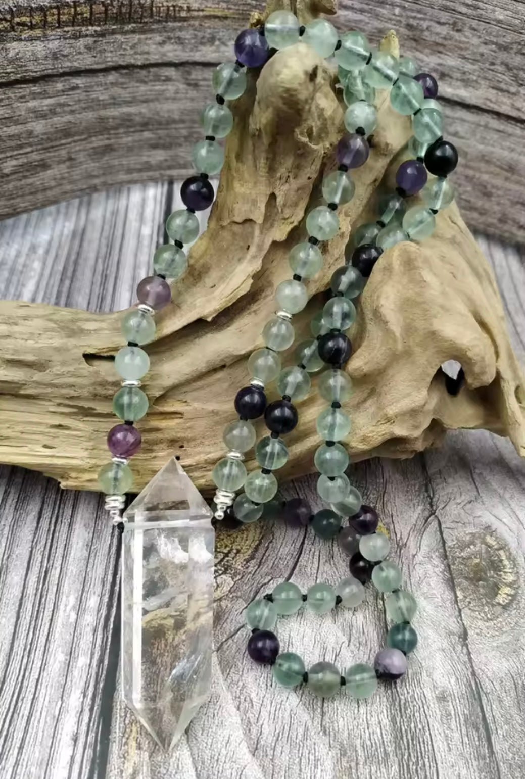 Harmony & Clarity Fluorite & Clear Quartz Mala Necklace TELW