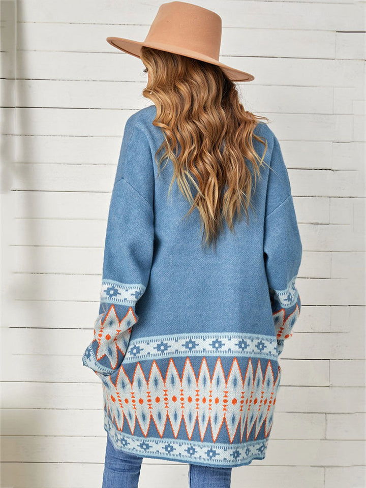 Boho Geometric Print Long Knitted Cardigan