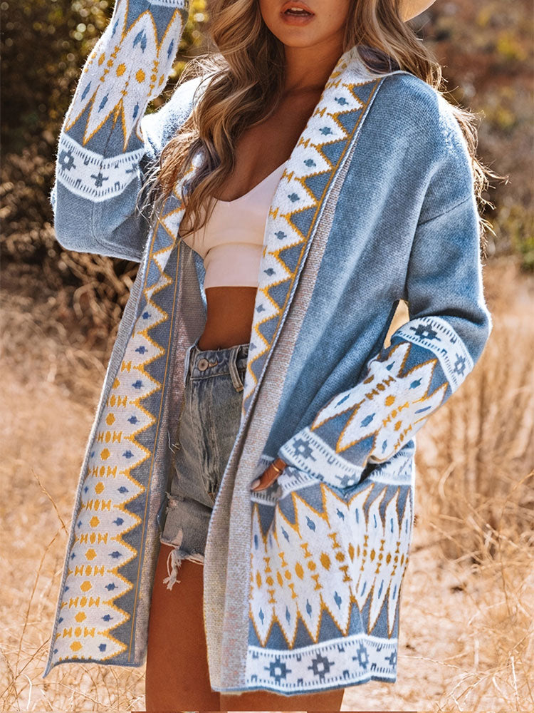 Boho Geometric Print Long Knitted Cardigan