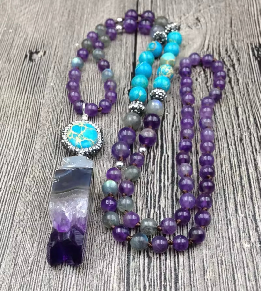 108 Mala Amethyst & Turquoise Crystal Necklace