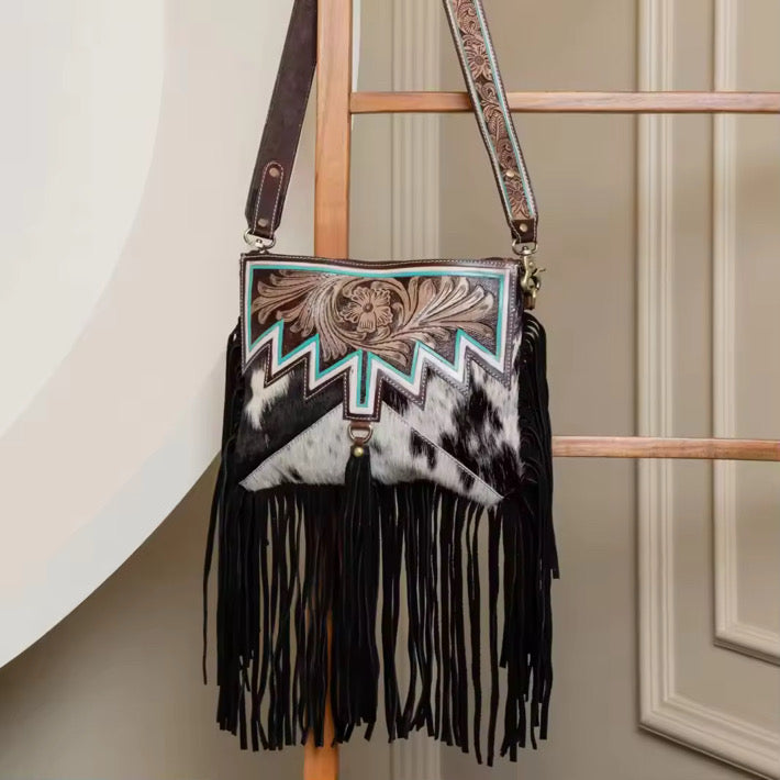 Western Midnight Cowhide Fringe Crossbody Bag