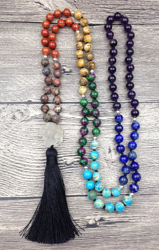 Chakra Harmony Gemstone Mala Necklace with Clear Quartz & Tassell