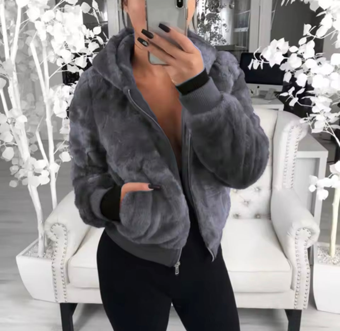 Plush Hoodie Faux Fur Crop Jacket -Grey