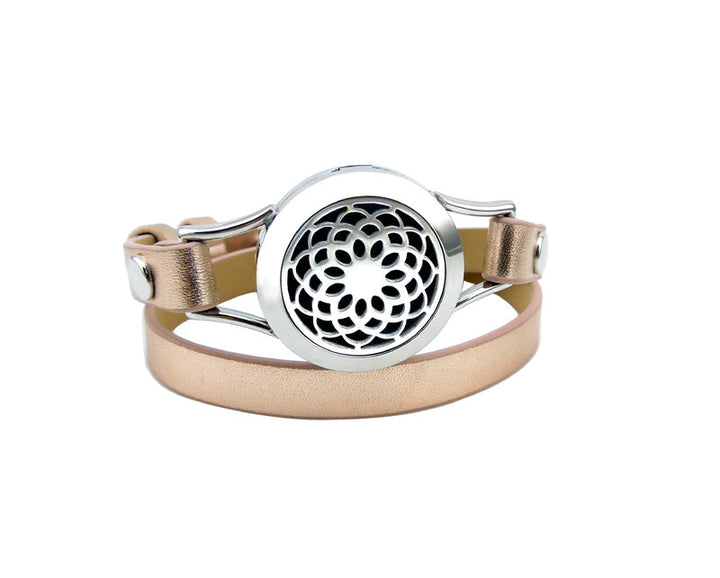 Aromatherapy Rose Gold Leather Wrap Bracelet- Mandala Lotus