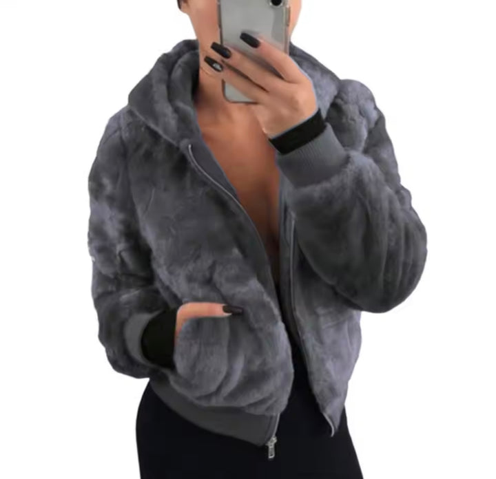 Plush Hoodie Faux Fur Crop Jacket -Grey