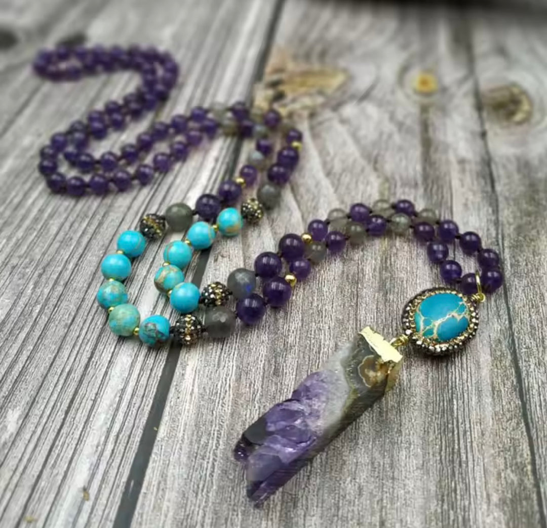 108 Mala Amethyst & Turquoise Crystal Necklace