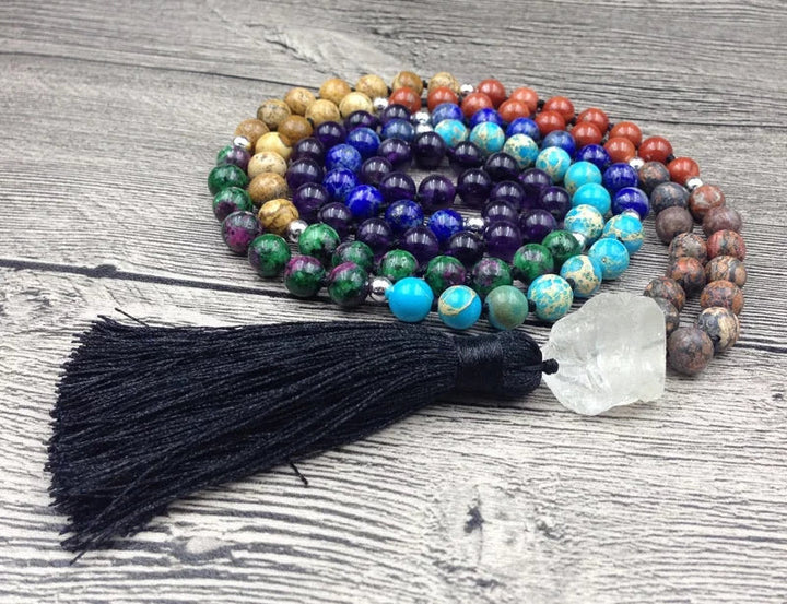 Chakra Harmony Gemstone Mala Necklace with Clear Quartz & Tassell