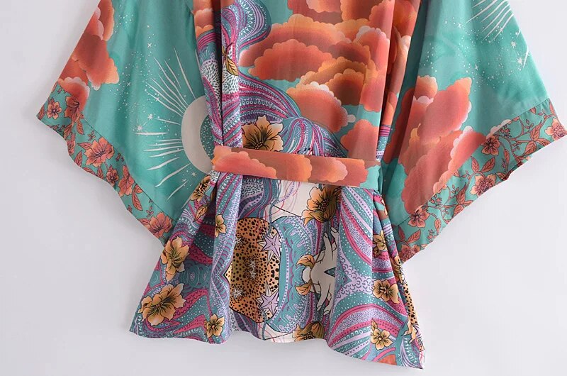 Luna Boho Floral Moon Bat Sleeve  Kimono