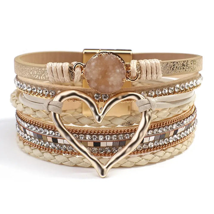 Multilayer Leather Heart Cuff Bracelet