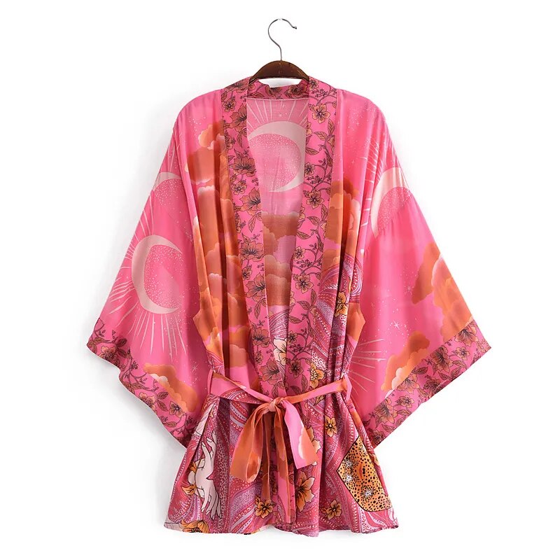 Luna Boho Floral Moon Bat Sleeve  Kimono