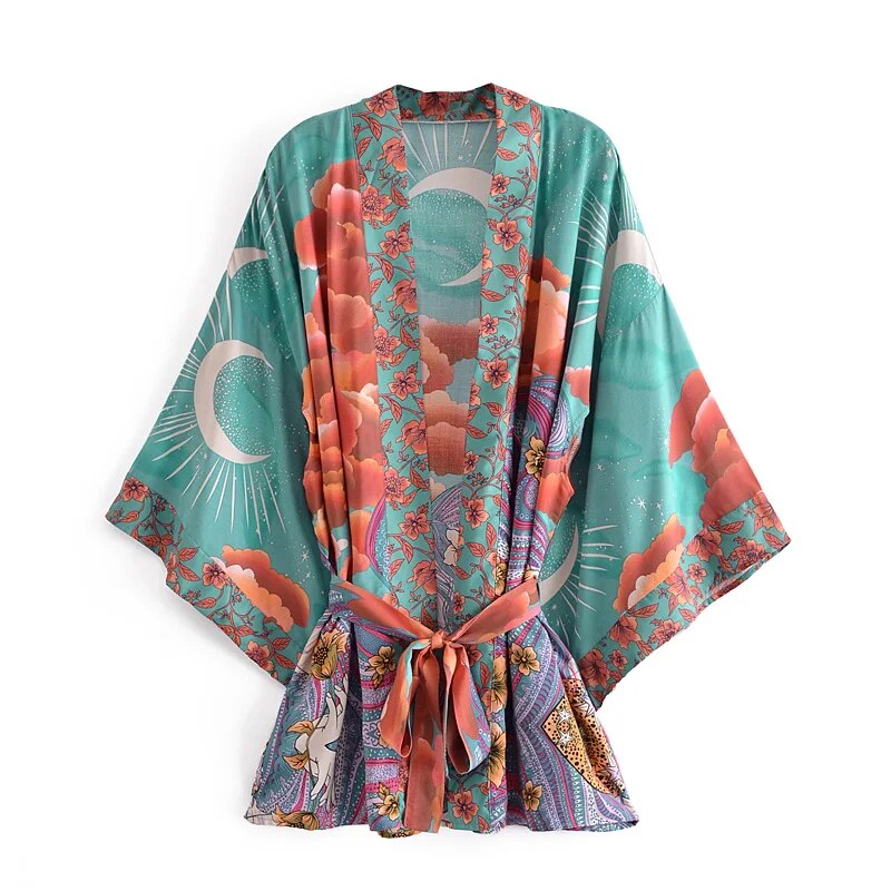 Luna Boho Floral Moon Bat Sleeve  Kimono