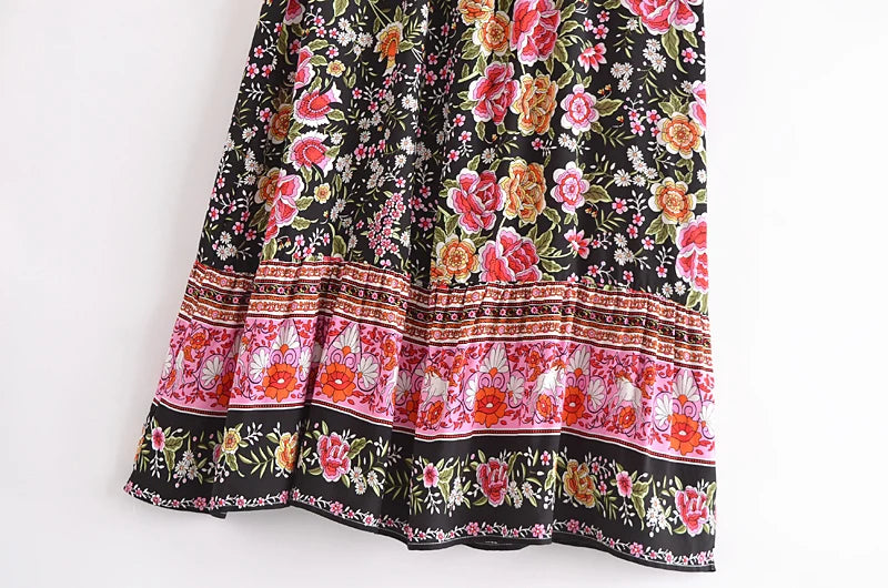 Black Floral Print Pleated Maxi Skirt