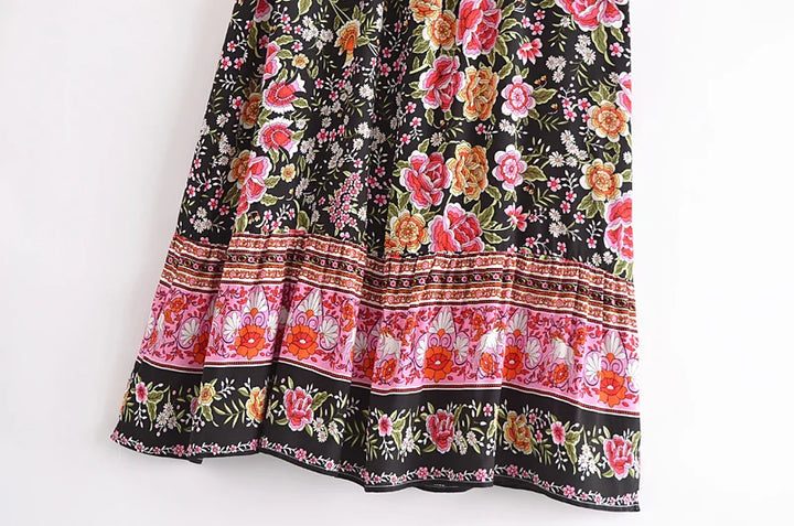 Black Floral Print Pleated Maxi Skirt