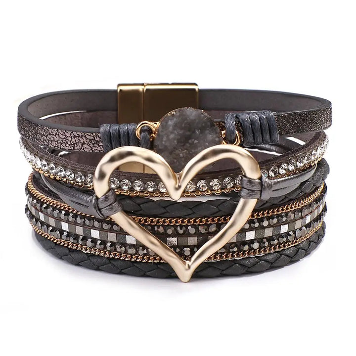 Multilayer Leather Heart Cuff Bracelet