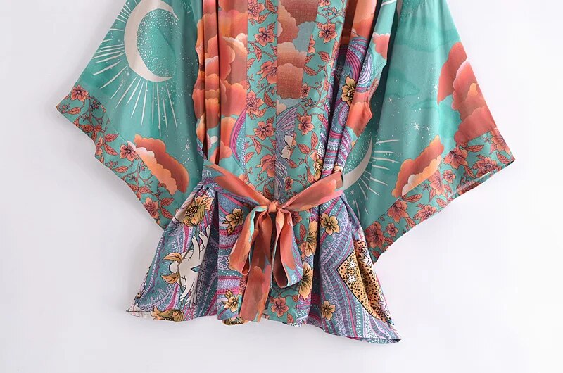 Luna Boho Floral Moon Bat Sleeve  Kimono