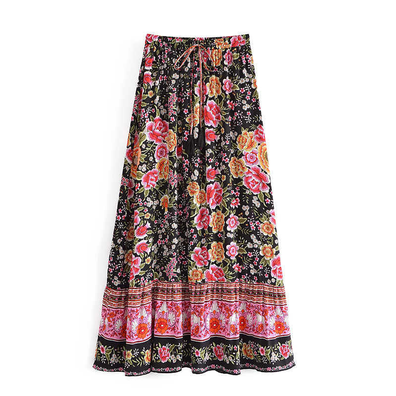 Black Floral Print Pleated Maxi Skirt