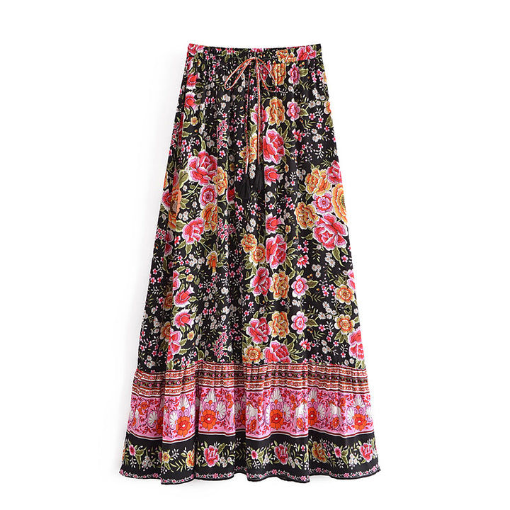 Black Floral Print Pleated Maxi Skirt