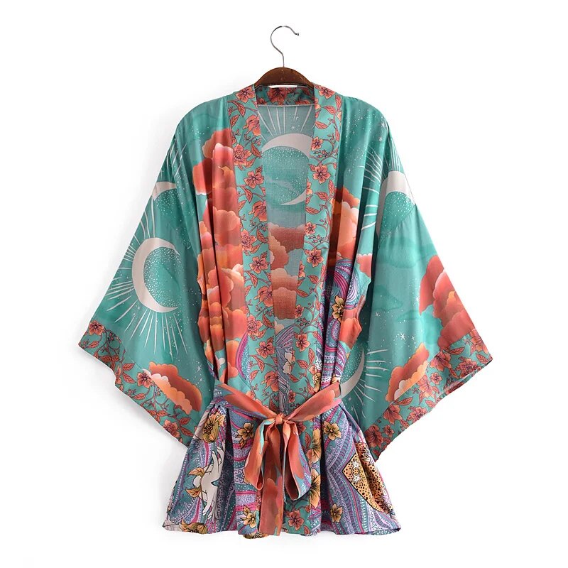 Luna Boho Floral Moon Bat Sleeve  Kimono