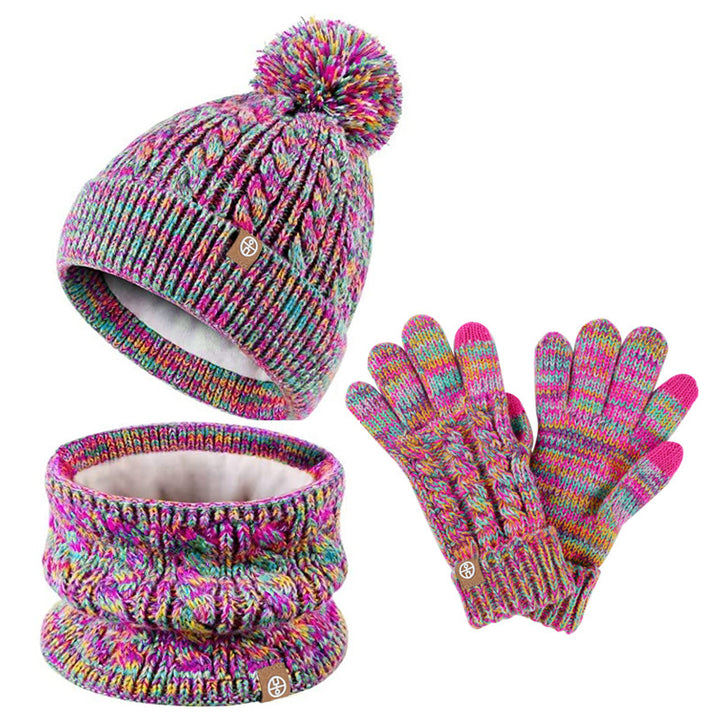 3-Piece Winter Hat Set for Kids - Beanie, Snood, and Gloves with Cute Pompom