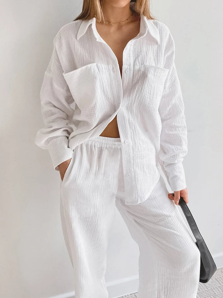 Casual Slim White Pants Suit with Pockets