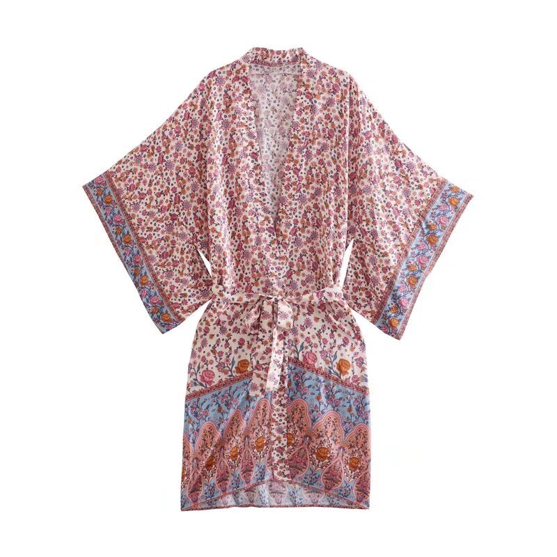 Aquamarine Boho Floral Bat Sleeve Kimono