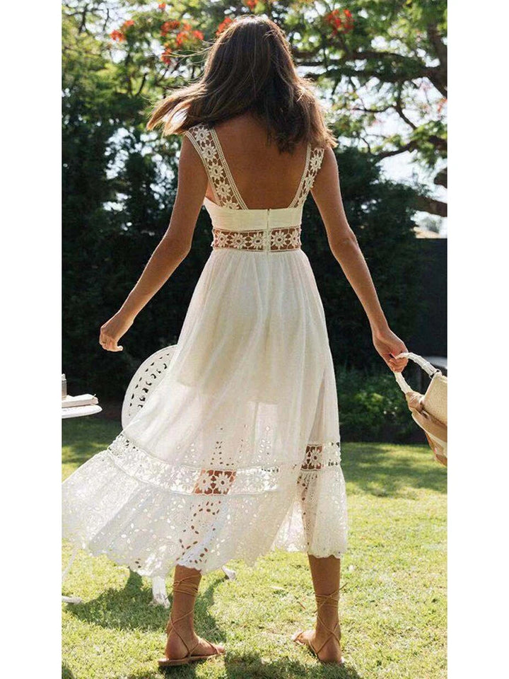 White Bohemian Lace-Trimmed Beach Dress